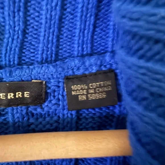 Jeanne Pierre Bright Blue Fisherman Cable Knit Shawl Collar Sweater 100% Cotton - Picture 3 of 4